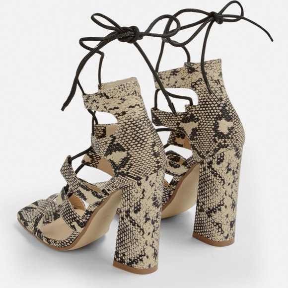 Gray Snake Print Flare Heel Ghillie Sandals - Picture 2 of 3